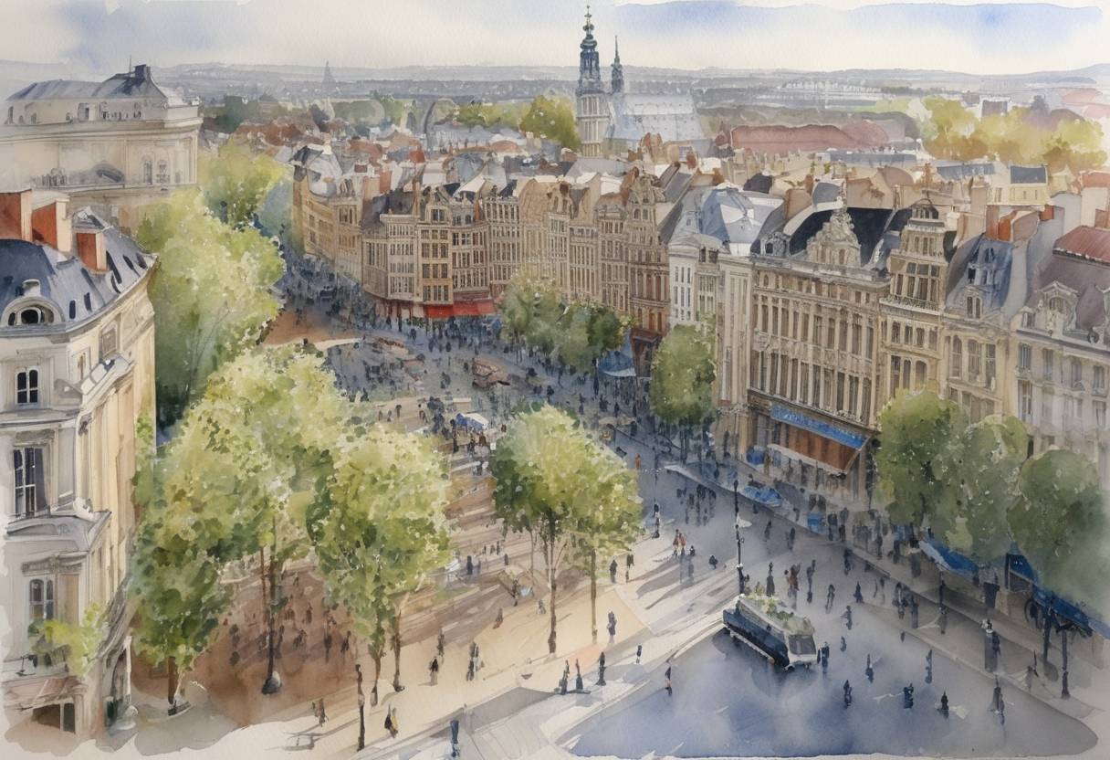 Watercolor painting based depiction of France assumed the presidency of the Council of the European Union, unveiling plans to tackle climate change, energy policies, and immigration during its tenure. (2008)