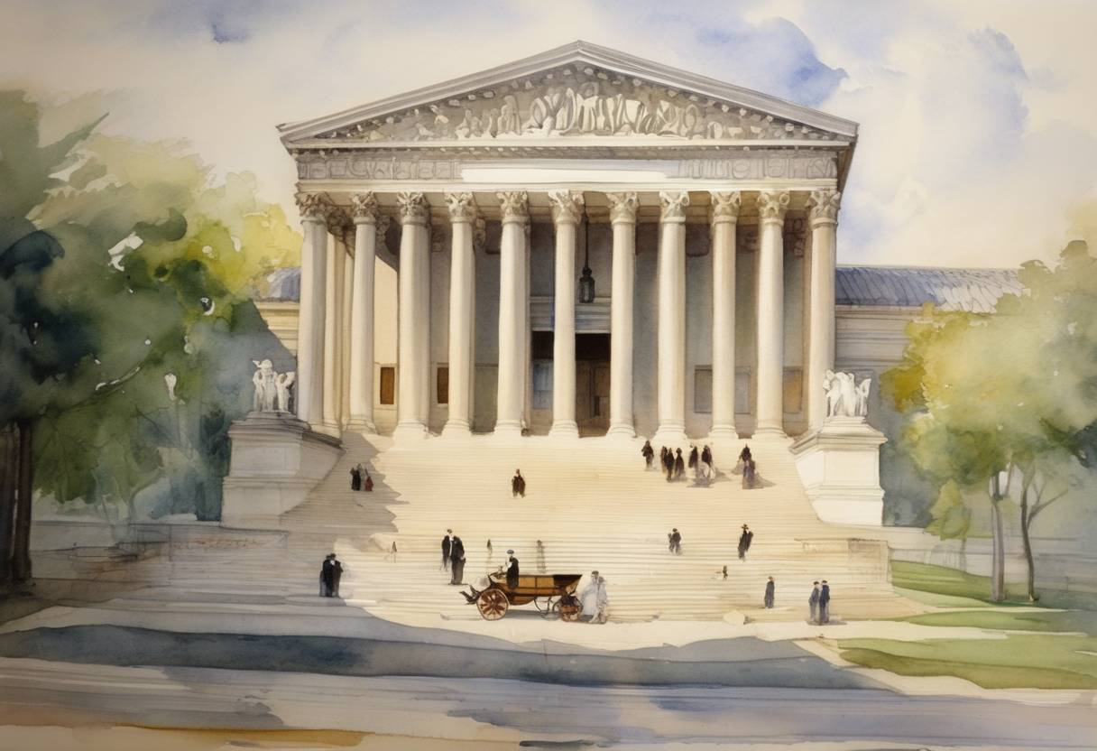 Watercolor painting based depiction of The Supreme Court of the United States decided the case of Frank v. Mangum which involved the unfair trial of Leo Frank, a Jewish factory superintendent, convicted of murder. (1905)