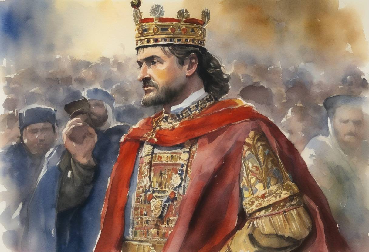 Watercolor painting based depiction of Stefan Dušan was crowned Emperor of the Serbs and Greeks, establishing the Serbian Empire as a significant power in Southeast Europe during the 14th century. This event marked the height of the medieval Serbian state and the Nemanjić dynasty. (1346)