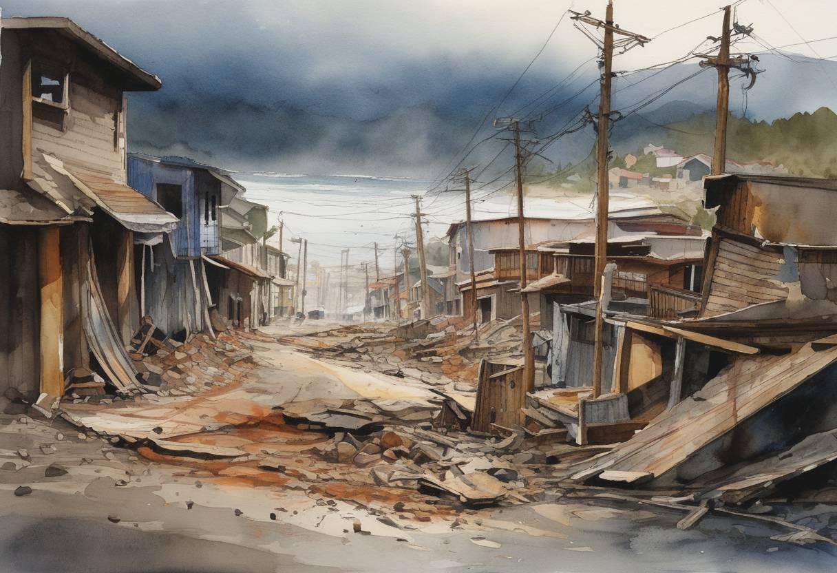 Watercolor painting based depiction of The 8.8 magnitude earthquake in Chile triggers a tsunami across the Pacific Ocean, causing widespread destruction and loss of life. (2010)