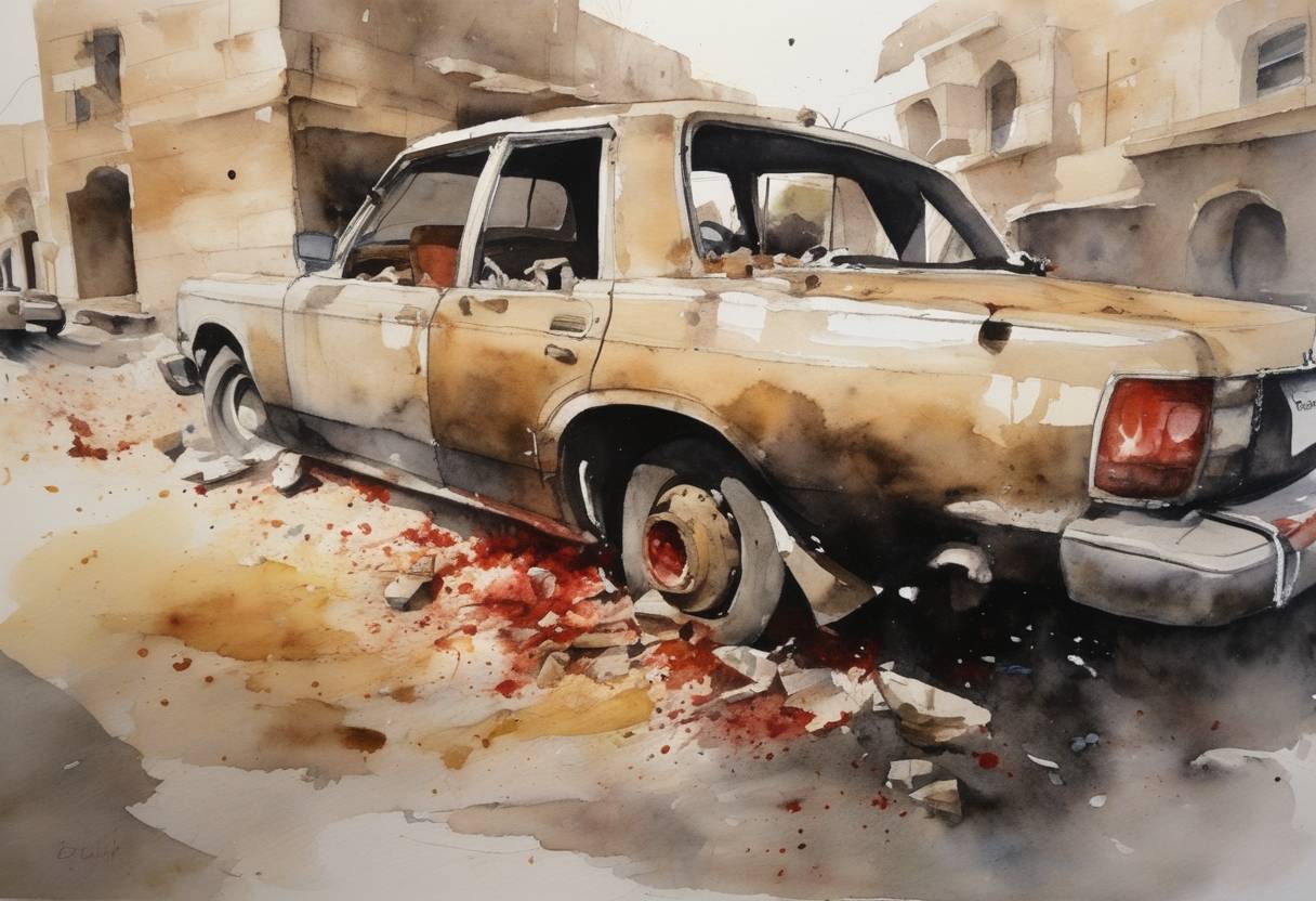 Watercolor painting based depiction of A series of coordinated bombings in Amman, Jordan, target three hotels and result in the death of at least 60 people, with more than 115 injuries. The attacks are perpetrated by suicide bombers and are later claimed by an al-Qaeda affiliate. (2005)