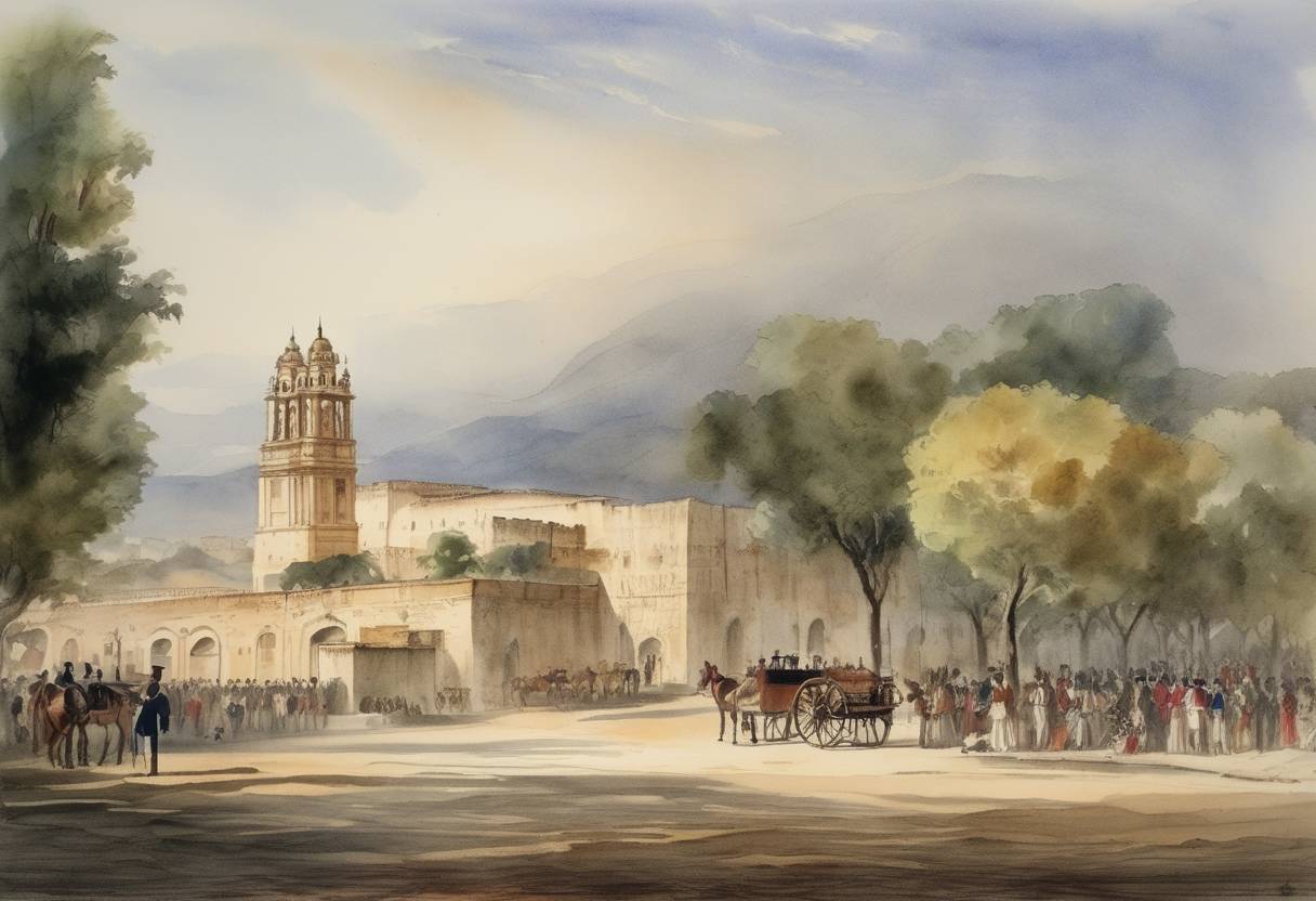 Watercolor painting based depiction of The Treaty of Córdoba, which established Mexican independence from Spain, was signed by the last viceroy of New Spain, Juan O'Donojú and Agustín de Iturbide. (1821)