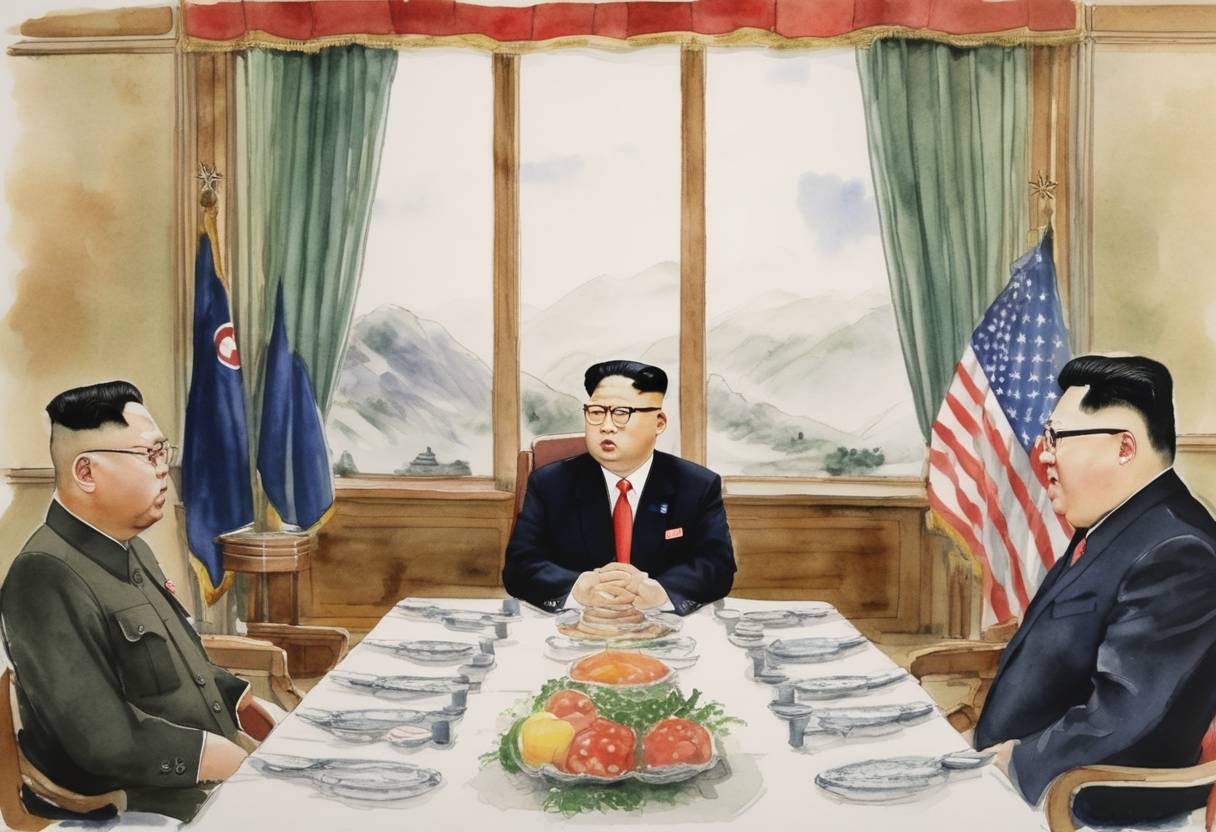 Watercolor painting based depiction of North Korea and the United States reach an agreement in which the U.S. grants food aid to North Korea in exchange for nuclear non-proliferation assurances. (1995)