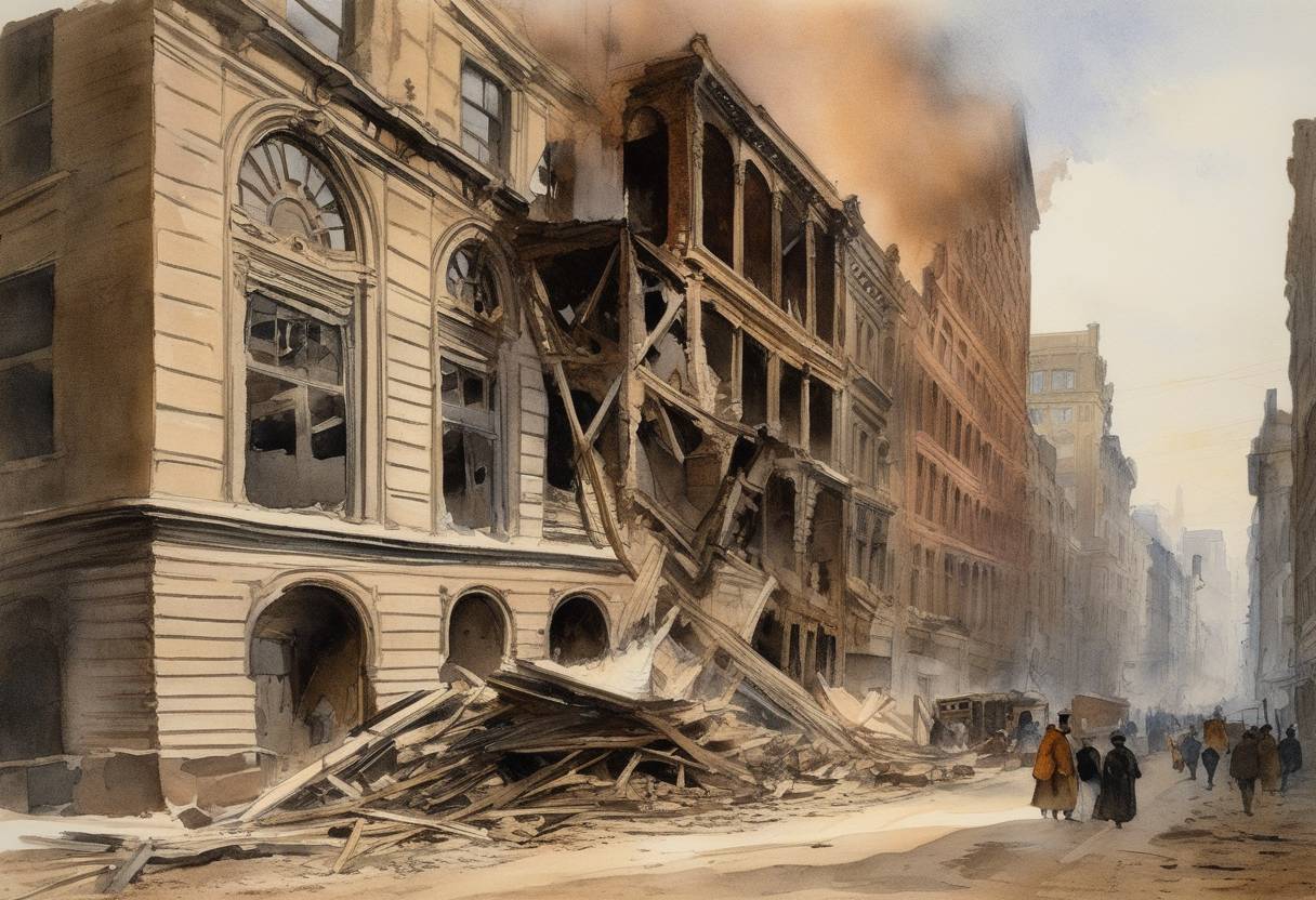 Watercolor painting based depiction of The Keystone State Building collapses in Philadelphia due to a fire. (1902)