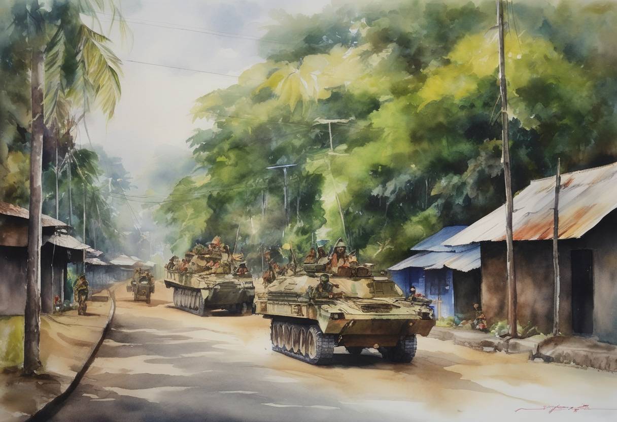 Watercolor painting based depiction of A ceasefire was declared between the Philippine government and the Moro Islamic Liberation Front, marking a significant step toward the Comprehensive Agreement on the Bangsamoro, aimed at ending conflict in Mindanao. (2014)