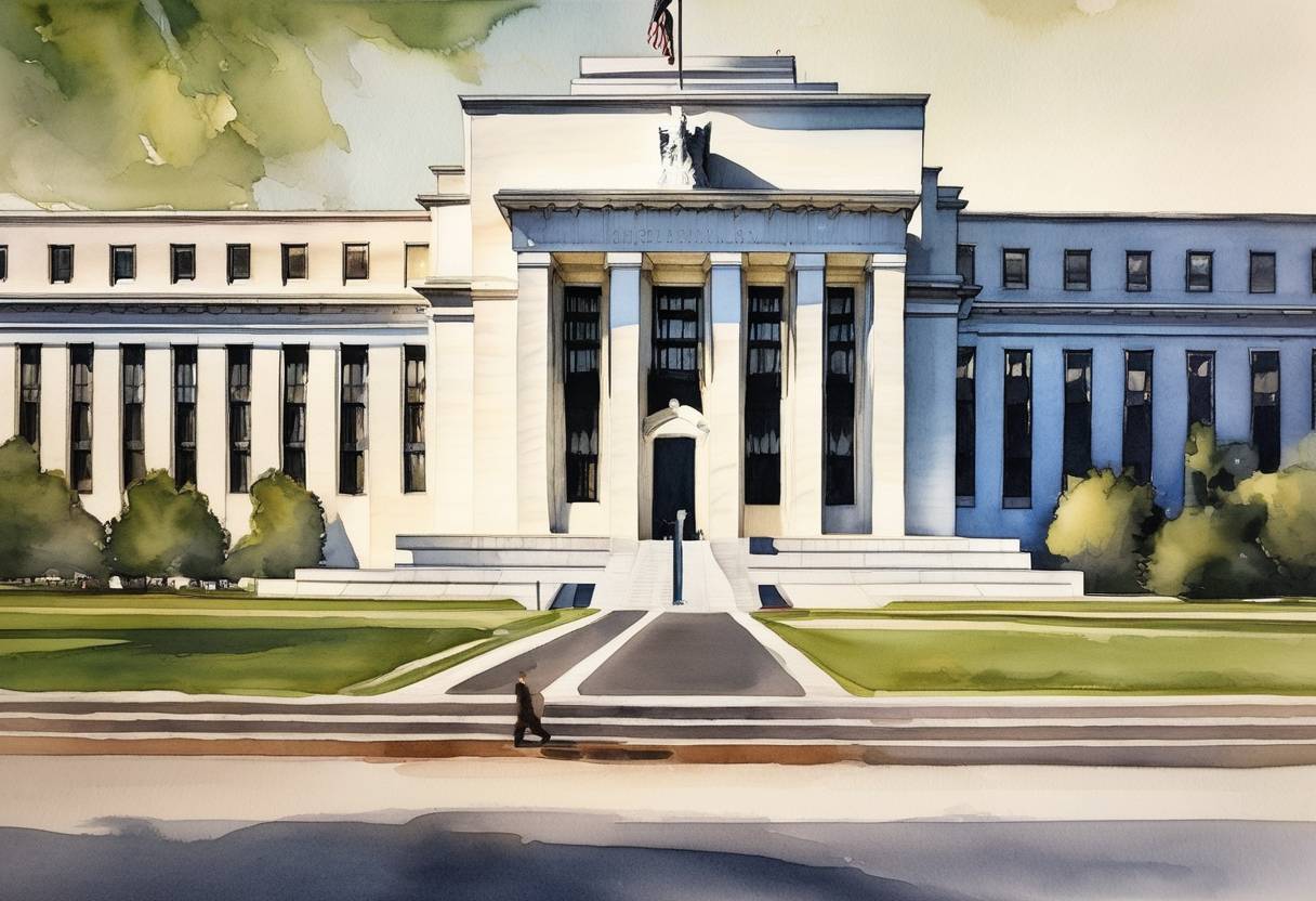 Watercolor painting based depiction of The United States Federal Reserve announced its decision to raise interest rates for the first time since 2018 to combat surging inflation. (2022)