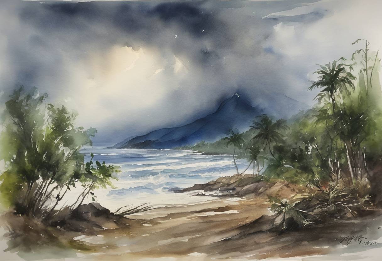 Watercolor painting based depiction of Typhoon Rammasun, the strongest typhoon to hit the Philippines in 2014, makes landfall, causing widespread damage. (2014)