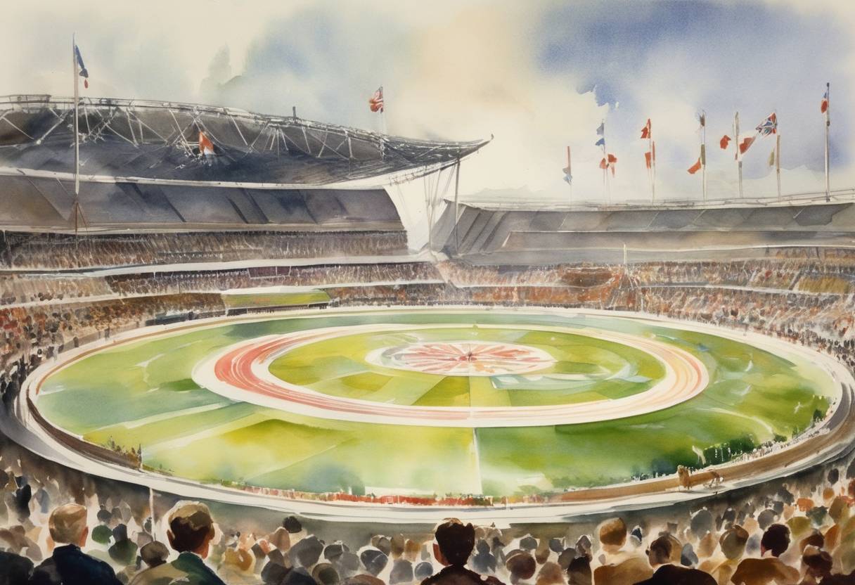 Watercolor painting based depiction of The 1948 Summer Olympics officially opened in London, the first Olympic Games after World War II. (1948)