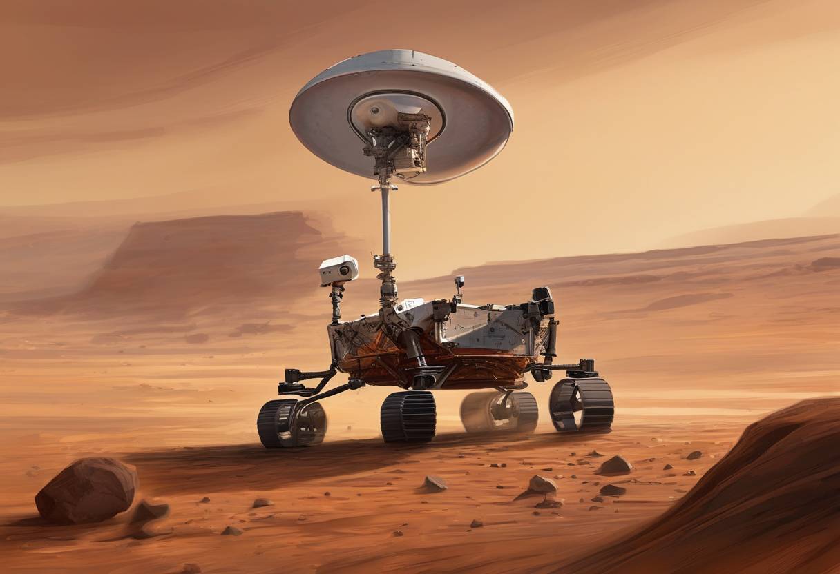 Watercolor painting based depiction of NASA's Perseverance rover, having successfully landed on Mars the previous day, began transmitting its first high-resolution images from the Martian surface as part of its mission to search for signs of ancient life and collect rock and soil samples. (2021)
