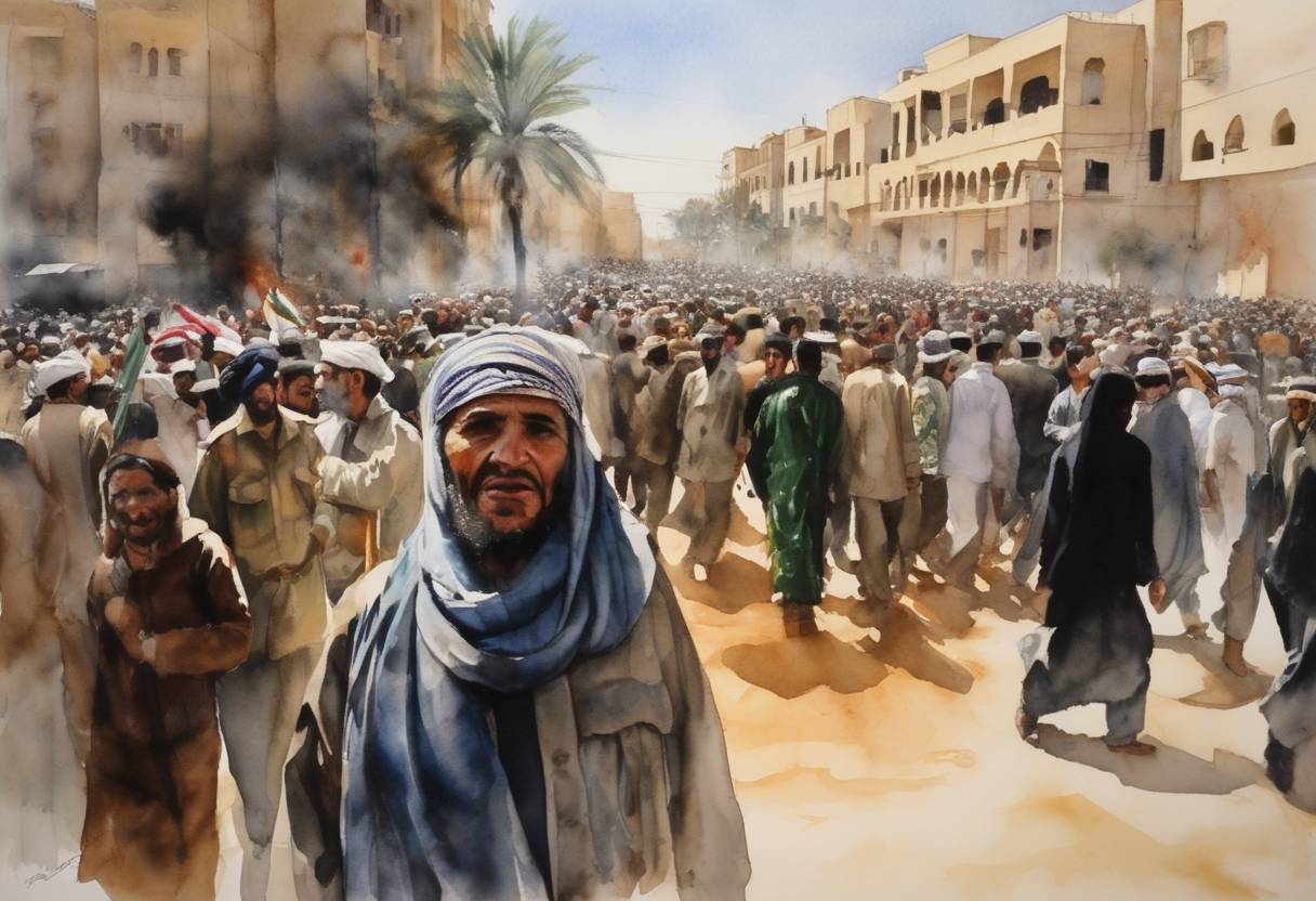 Watercolor painting based depiction of The Libyan Civil War intensifies as protests against the rule of Muammar Gaddafi spread throughout Libya. The international community begins to respond to the violence. (2011)