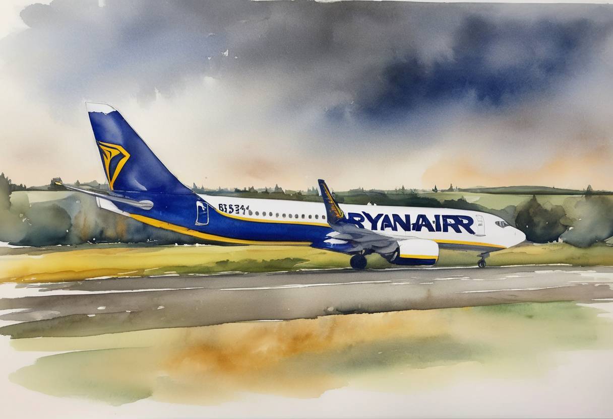 Watercolor painting based depiction of A Ryanair flight traveling from Athens, Greece, to Vilnius, Lithuania, was forced to land in Minsk, Belarus, by Belarusian authorities. The diversion was due to a false bomb threat, allegedly orchestrated by the Belarusian government to apprehend dissident journalist Roman Protasevich and his partner, Sofia Sapega, who were aboard the plane. This incident sparked international outrage and led to subsequent sanctions from Western countries against Belarus. (2021)