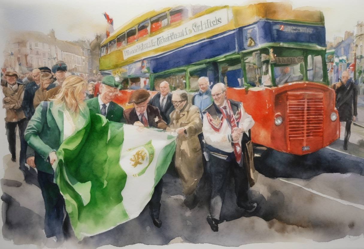 Watercolor painting based depiction of The Republic of Ireland and the United Kingdom sign the British-Irish Agreement Act 1999, which modifies the Good Friday Agreement to address issues concerning Northern Ireland's political landscape. (2004)