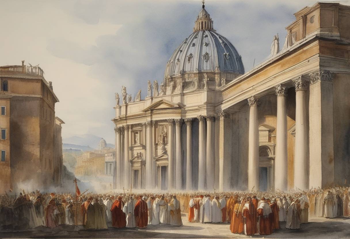 Watercolor painting based depiction of Pope Leo IX was consecrated as Pope, marking the beginning of a reformist papacy known for its efforts to combat clerical simony and enforce clerical celibacy. (1049)