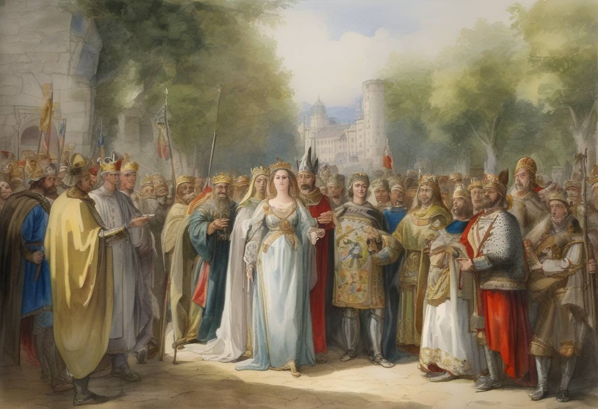 Watercolor painting based depiction of The Peace of Constance was ratified, granting the Lombard League official recognition and freedoms by the Holy Roman Emperor Frederick I Barbarossa. (1183)