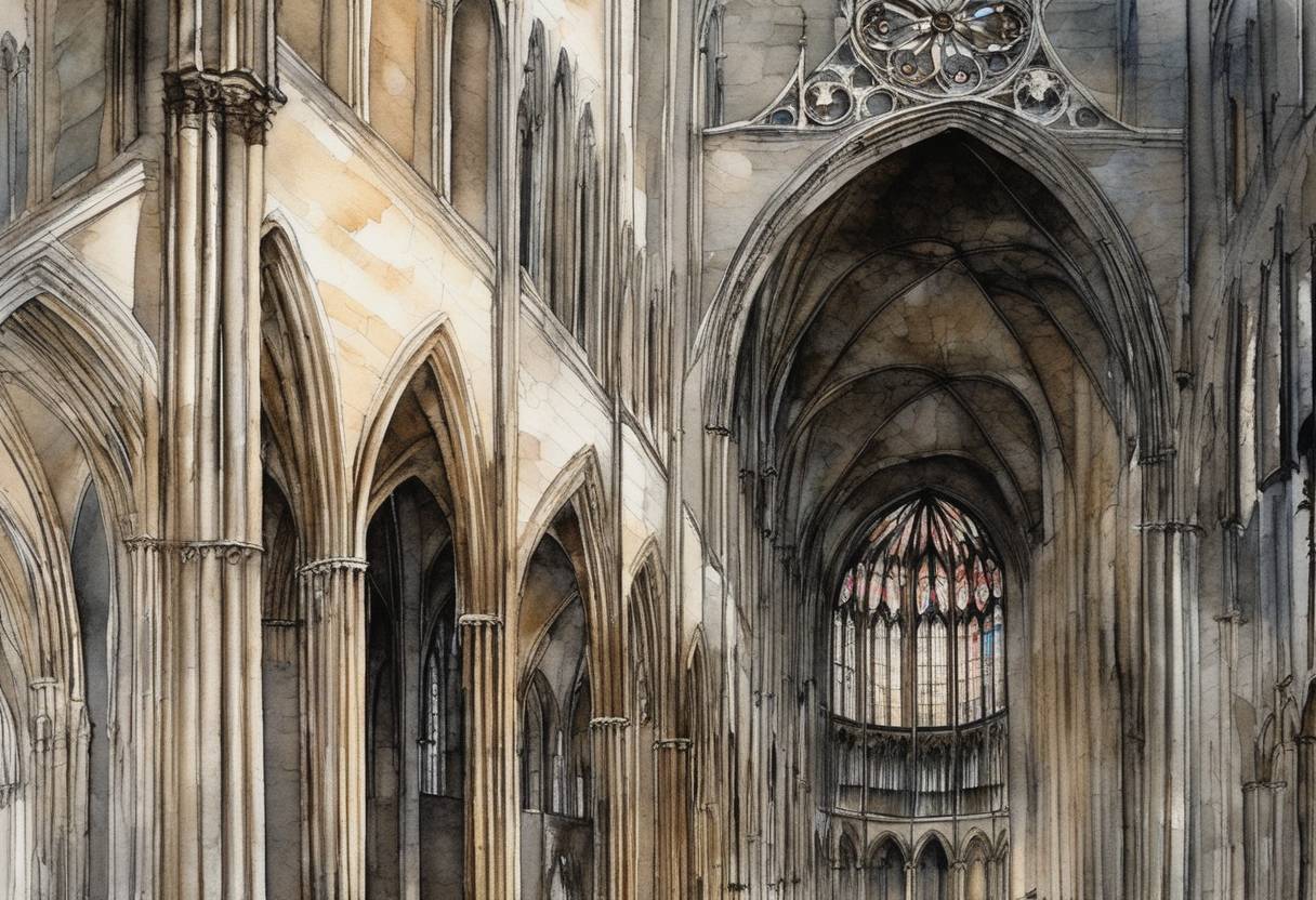 Watercolor painting based depiction of The Chartres Cathedral, a key example of High Gothic architecture, is consecrated. (1260)