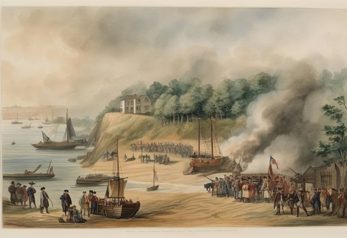Watercolor painting based depiction of English colonists make landfall at Cape Henry, Virginia, marking the beginning of what would become the first permanent English settlement in America at Jamestown. (1607)