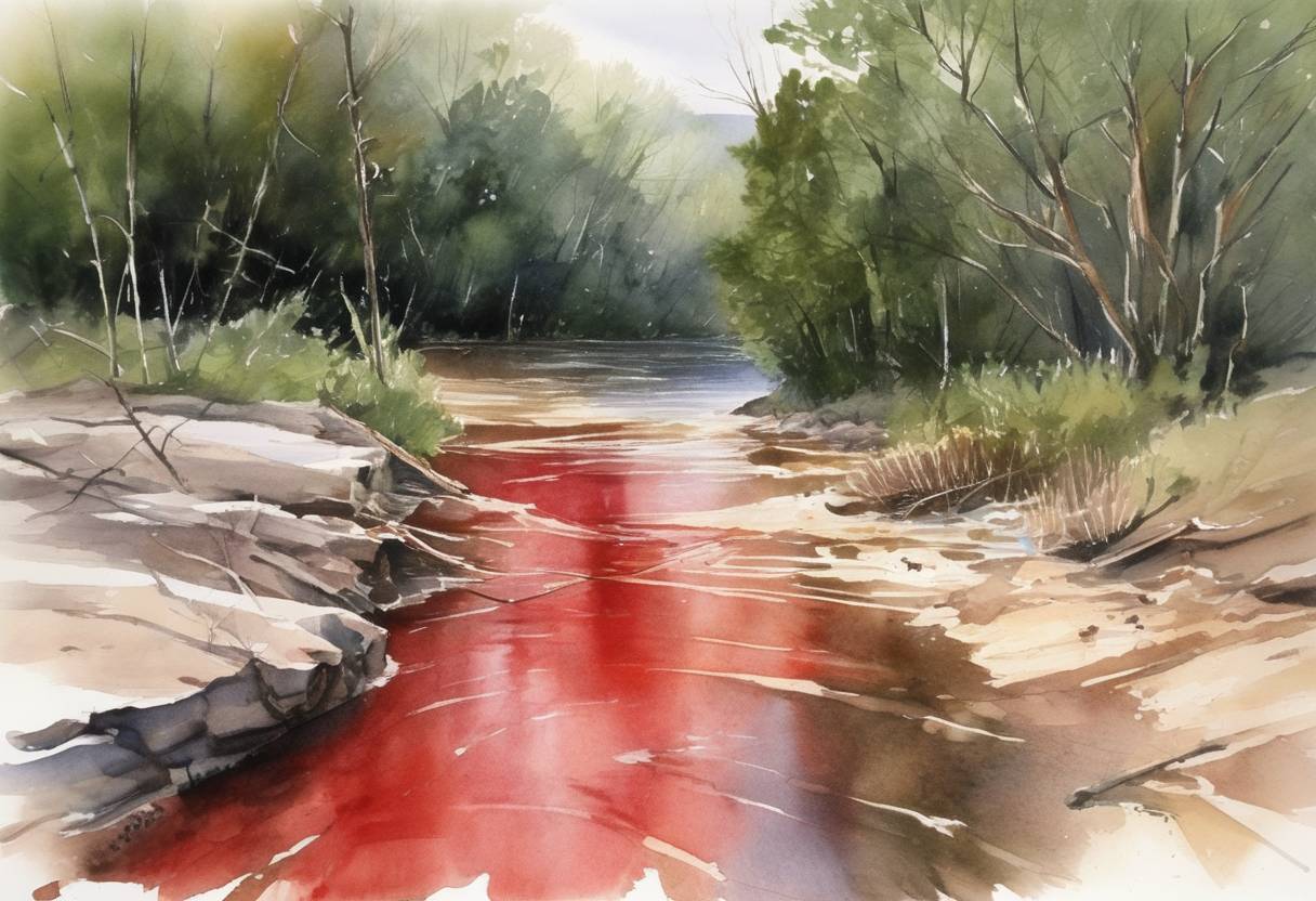 Watercolor painting based depiction of The Red River of the North flooded in North Dakota and Minnesota, leading to extensive damage in Grand Forks and surrounding areas. The disaster resulted in the evacuation of thousands of residents and had significant economic and social impacts on the region. (1997)