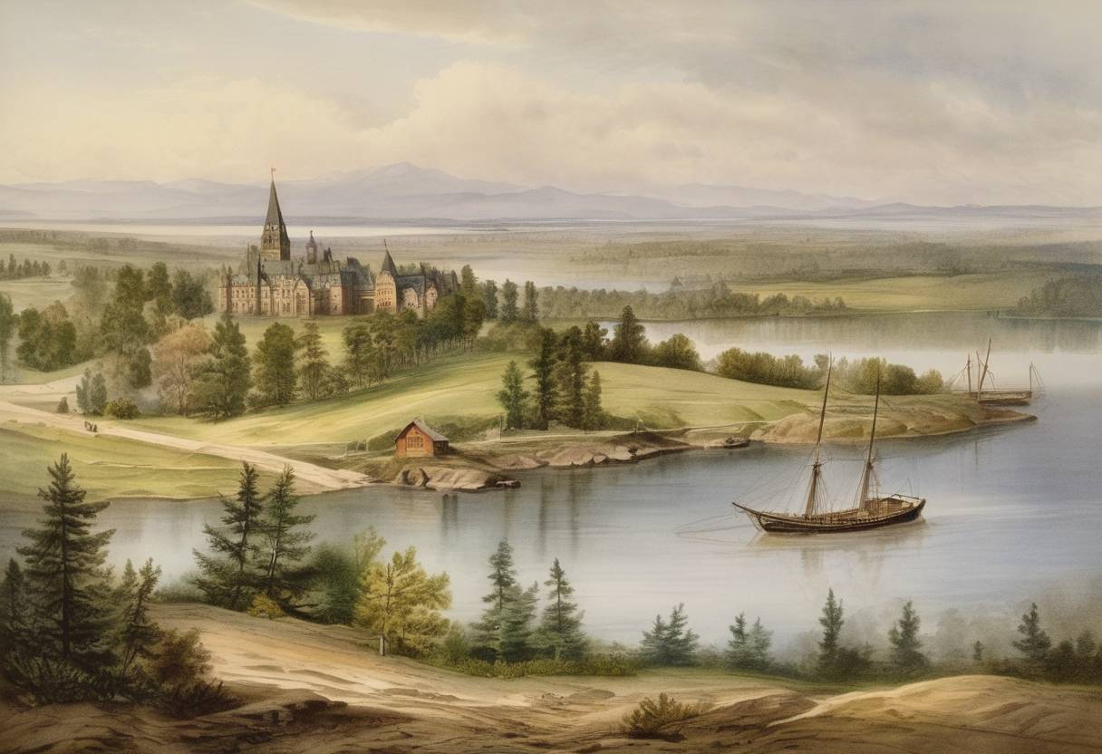 Watercolor painting based depiction of The British North America Act (also known as the Constitution Act of 1867) officially came into force, uniting the provinces of Ontario, Quebec, New Brunswick, and Nova Scotia into the Dominion of Canada. (1867)