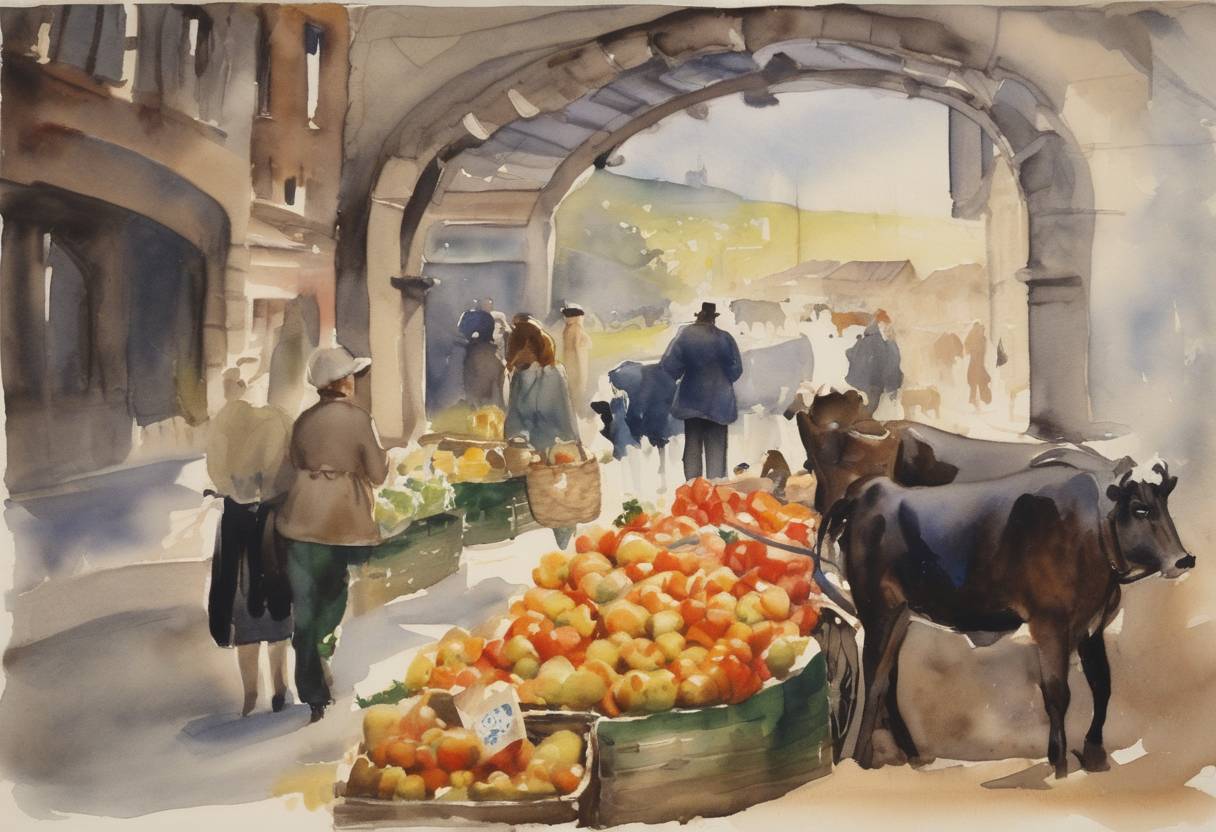 Watercolor painting based depiction of The Lahey Resolution is accepted by the World Health Organization, calling for the prevention of a potential shortage of dairy products and advocating for international cooperation to improve nutrition and public health. (1949)