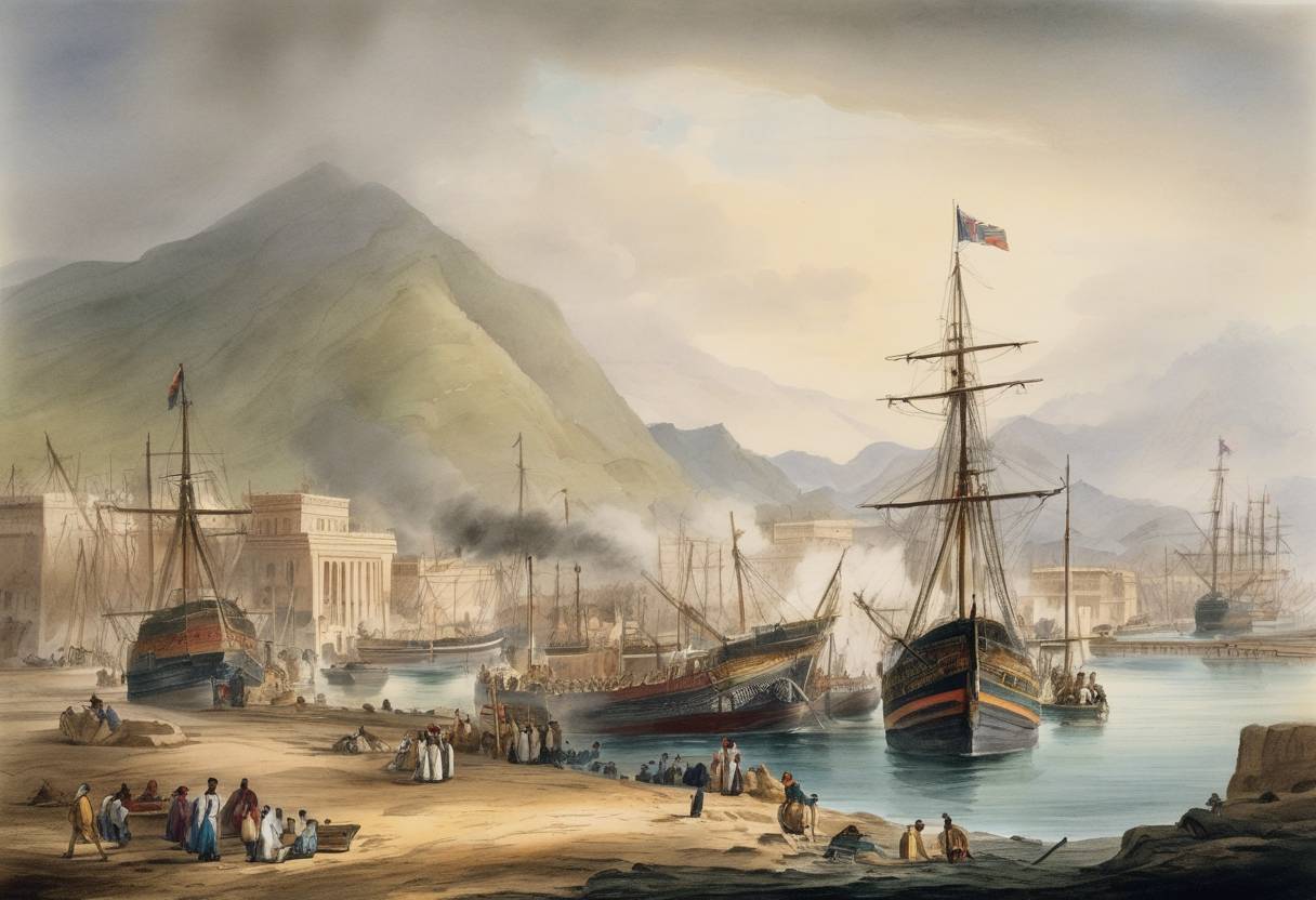 Watercolor painting based depiction of The British East India Company captured Aden, laying the groundwork for its strategic importance as a coaling station in their trade routes. (1839)
