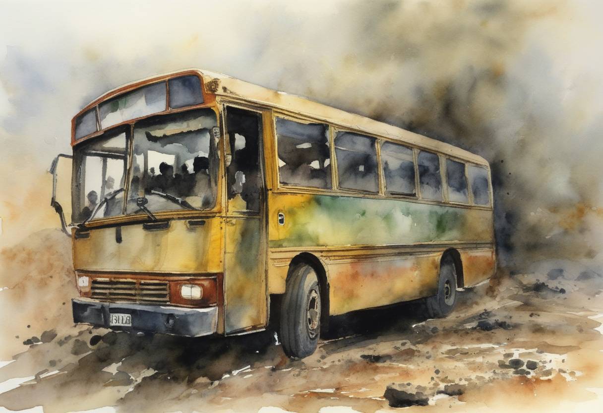 Watercolor painting based depiction of A Palestinian militant group claims responsibility for a deadly suicide bombing on a bus near Emmanuel, in the West Bank, which resulted in several casualties. The attack was part of the ongoing Israeli-Palestinian conflict. (2002)