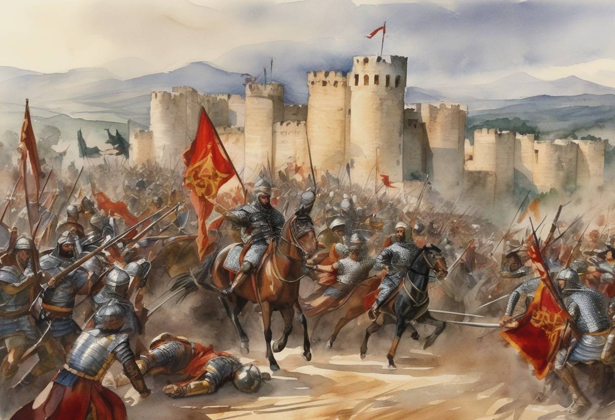 Watercolor painting based depiction of The Battle of Simancas is fought between the forces of the Christian kingdoms of León and Castile, led by King Ramiro II, and the Muslim Umayyad Caliphate under the command of Abd al-Rahman III. The battle results in a decisive victory for the Christian forces. (939)