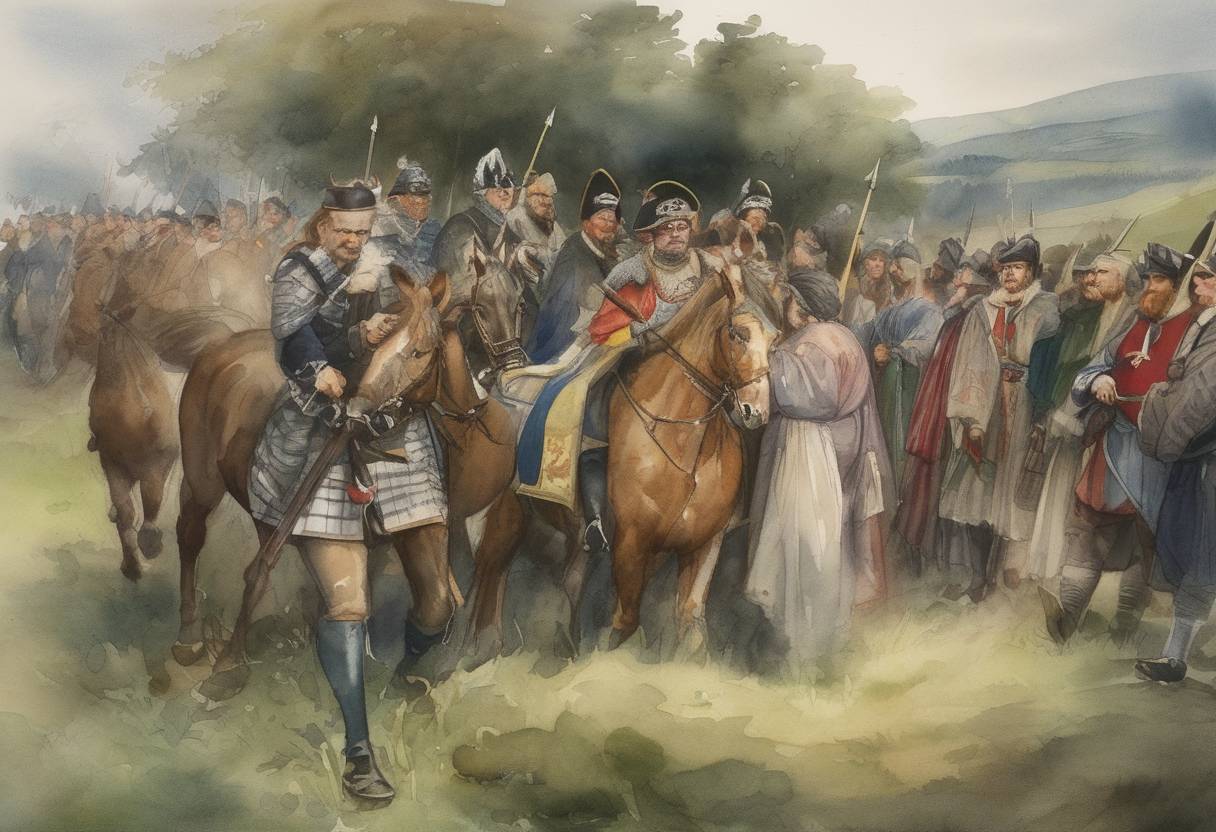 Watercolor painting based depiction of The Treaty of Birgham, aimed at a peaceful outcome to the ongoing succession crisis in Scotland, effectively lapsed. Although the treaty was initially signed in 1290, its provisions failed to resolve the issue, setting the stage for future conflicts. (1290)