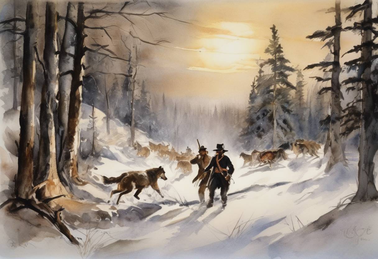 Watercolor painting based depiction of Cypress Hills Massacre Treaty, aimed at settling claims from an 1874 massacre of Assiniboine people by American wolf hunters in Canada, came into effect. (1925)