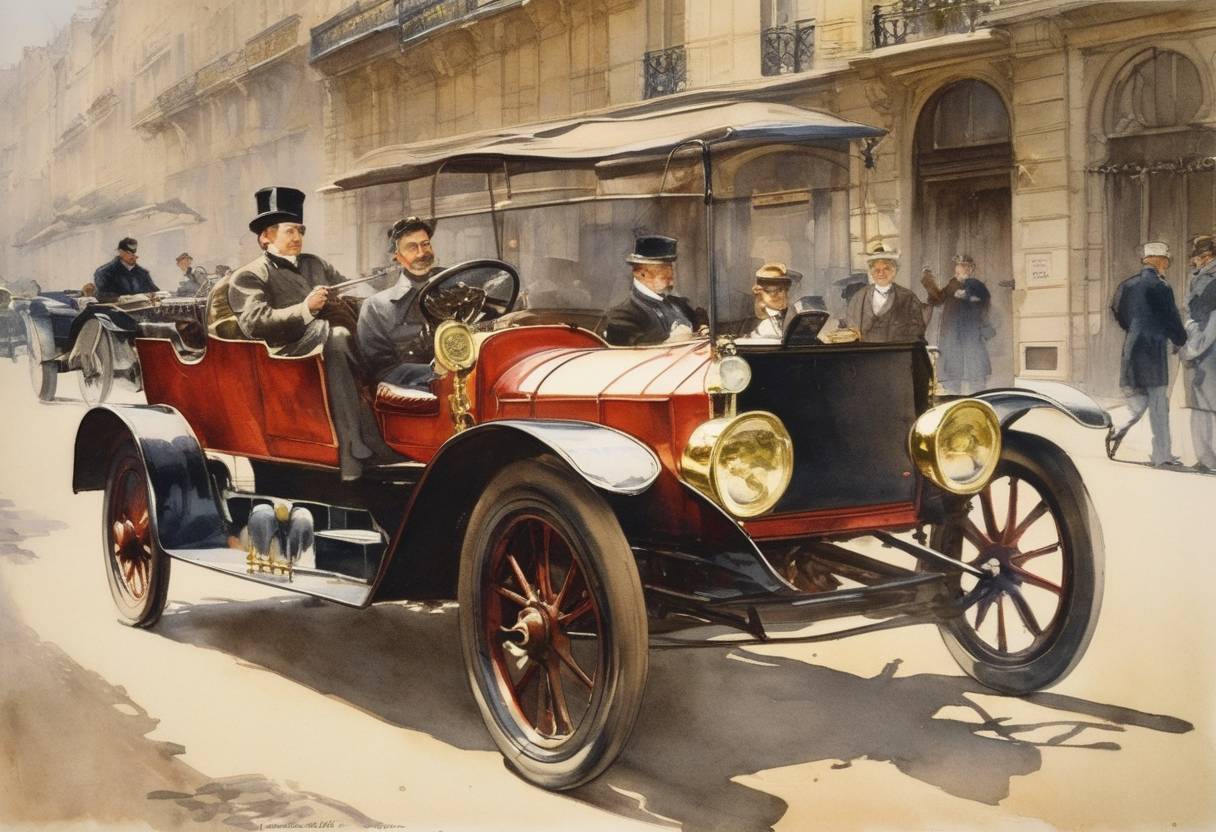 Watercolor painting based depiction of The Automobile Club de France was established, the first automobile club in the world, reflecting the growing interest and development in motor vehicles by the end of the 19th century. (1898)