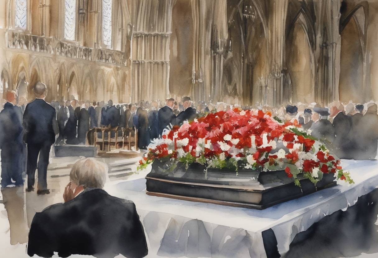 Watercolor painting based depiction of The body of former British Prime Minister Margaret Thatcher lay in state in the Chapel of St Mary Undercroft in the Palace of Westminster, London, following her death on April 8. (2013)