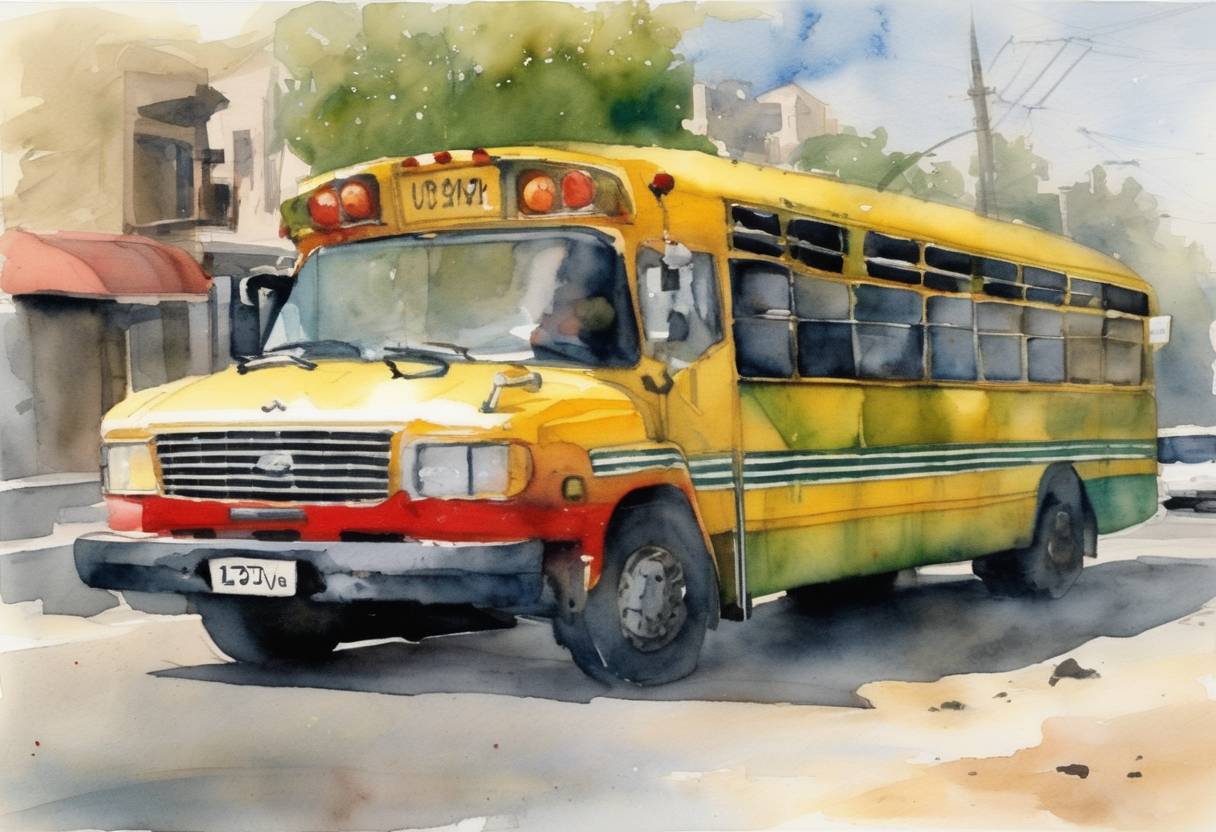 Watercolor painting based depiction of A Palestinian suicide bomber kills nine and injures 20 at a bus stop outside Tel Aviv, Israel. (2002)