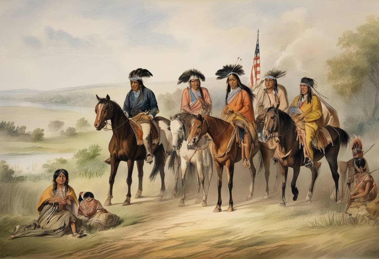 Watercolor painting based depiction of The United States Congress voted to remove Native American nations from their Southeastern homelands, resulting in the Trail of Tears. (1830)