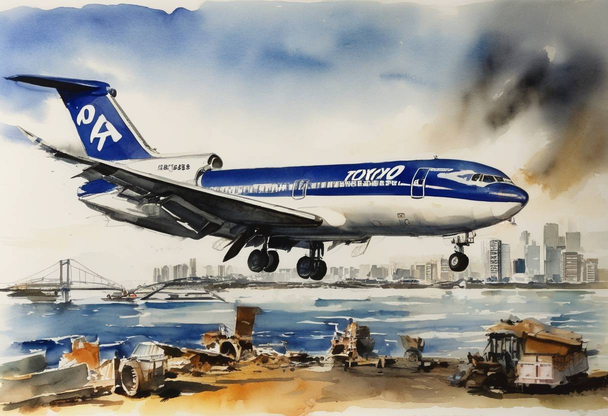 Watercolor painting based depiction of The All-Nippon Airways Flight 60, a Boeing 727, crashes into Tokyo Bay, killing all 133 on board. (1966)