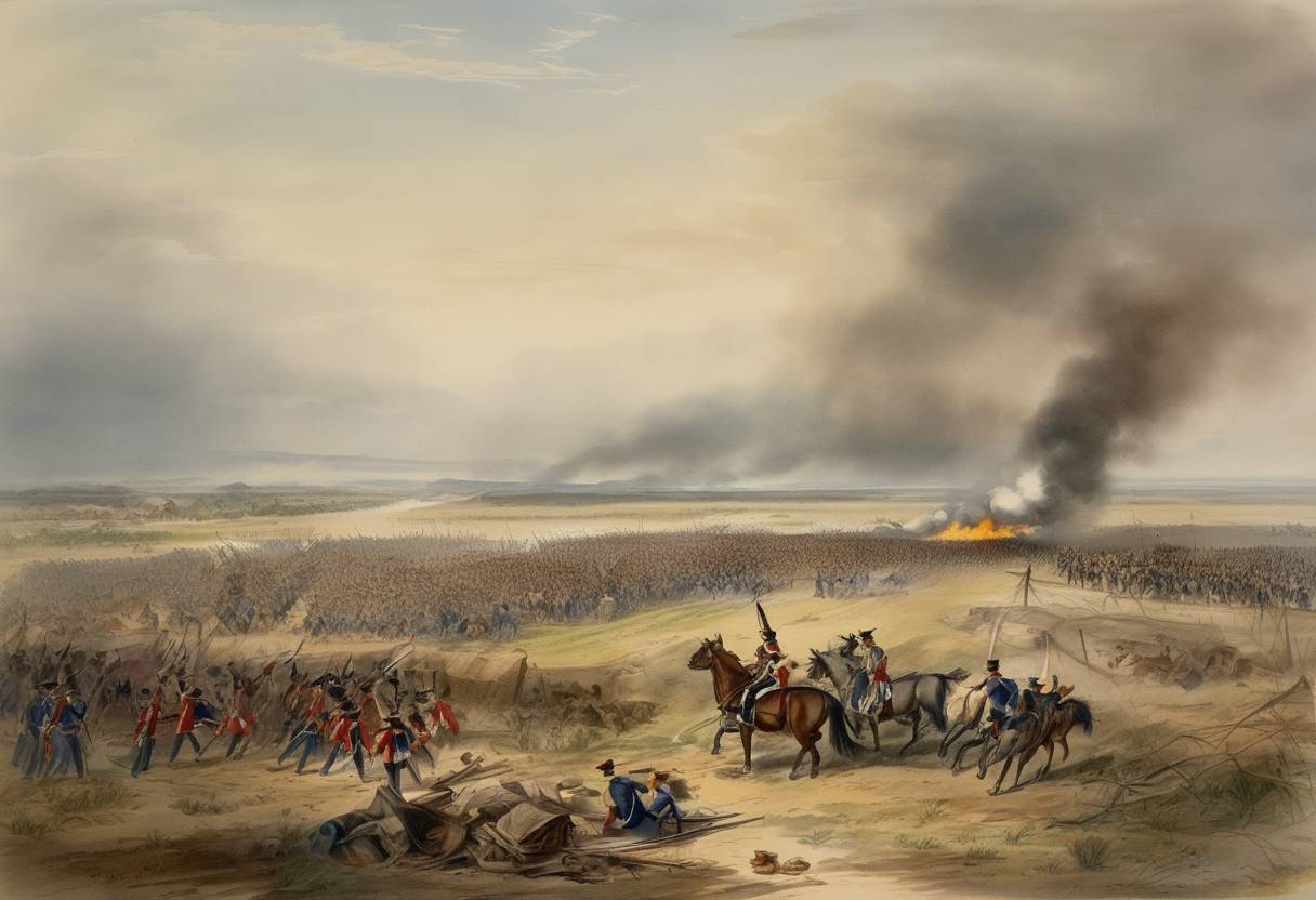Watercolor painting based depiction of The Mexican-American War saw its first major engagement at the Battle of the Rio Grande, near present-day Brownsville, Texas, where U.S. troops repelled Mexican forces, solidifying U.S. control over the area. (1846)