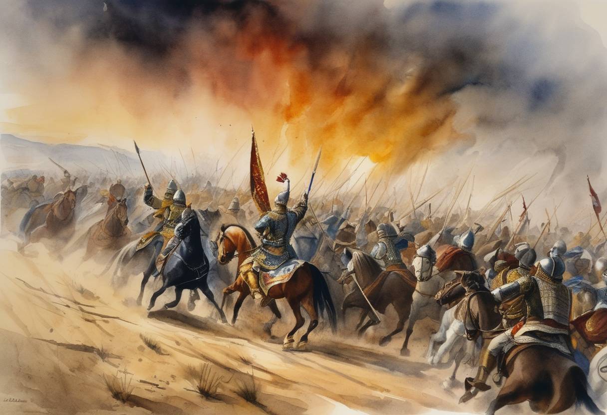 Watercolor painting based depiction of King Baldwin I of Jerusalem defeated Turkish forces at the Battle of Shaizar. (1116)