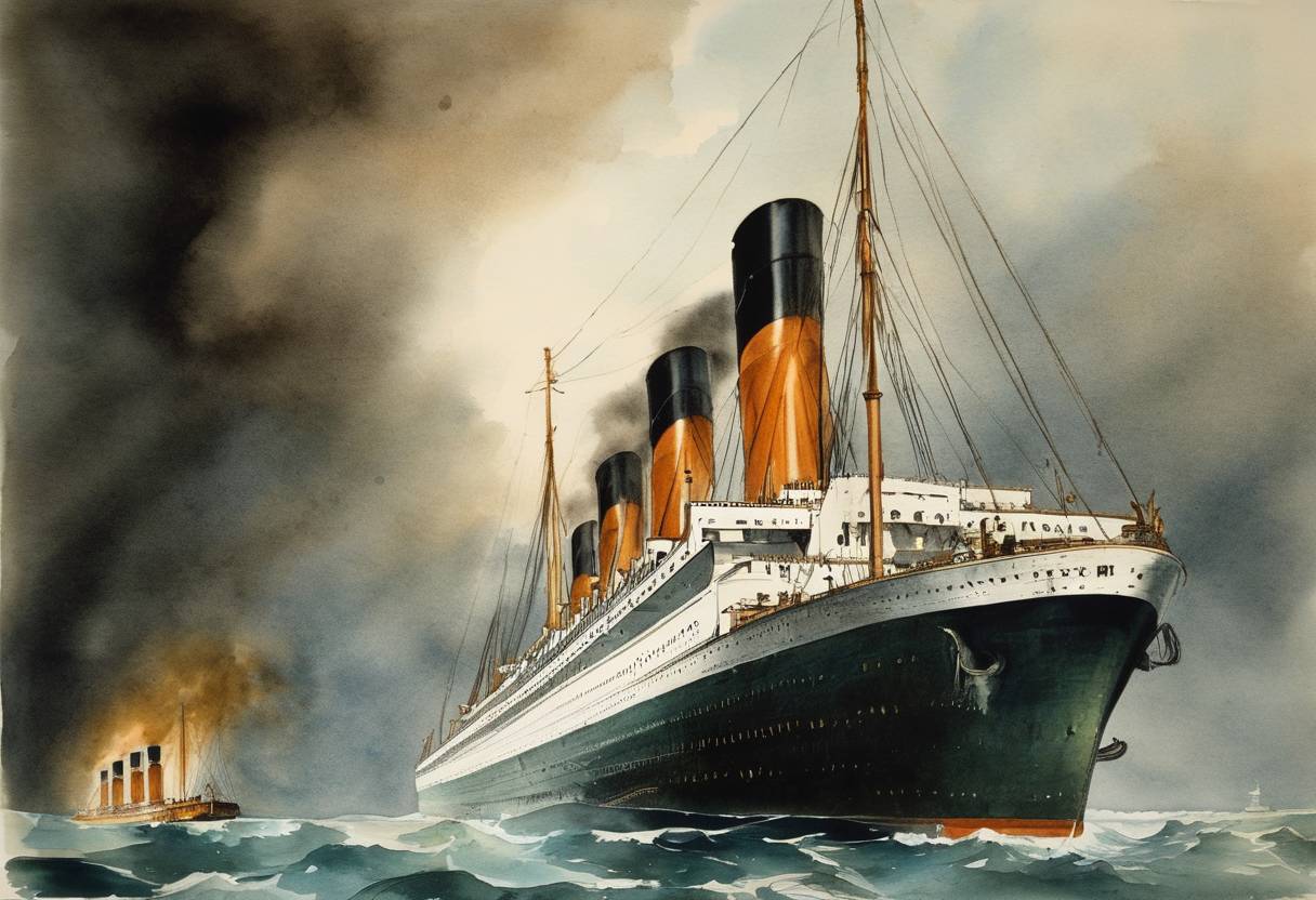 Watercolor painting based depiction of The HMHS Britannic, a White Star Line ocean liner and sister ship of the Titanic, sank in the Aegean Sea after hitting a mine. Despite the rapid sinking, the death toll was remarkably low, with 30 out of 1,066 people onboard losing their lives. (1916)