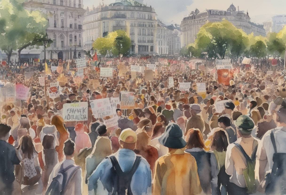 Watercolor painting based depiction of Thousands of people attended global protests as part of the global 'Climate Strike' movement, demanding actionable solutions from governments for climate change. (2022)