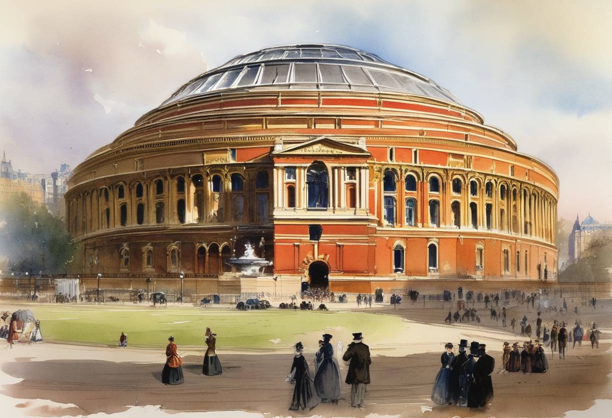 Watercolor painting based depiction of The Royal Albert Hall is officially opened by Queen Victoria and Prince Albert’s eldest son, the future King Edward VII. (1871)