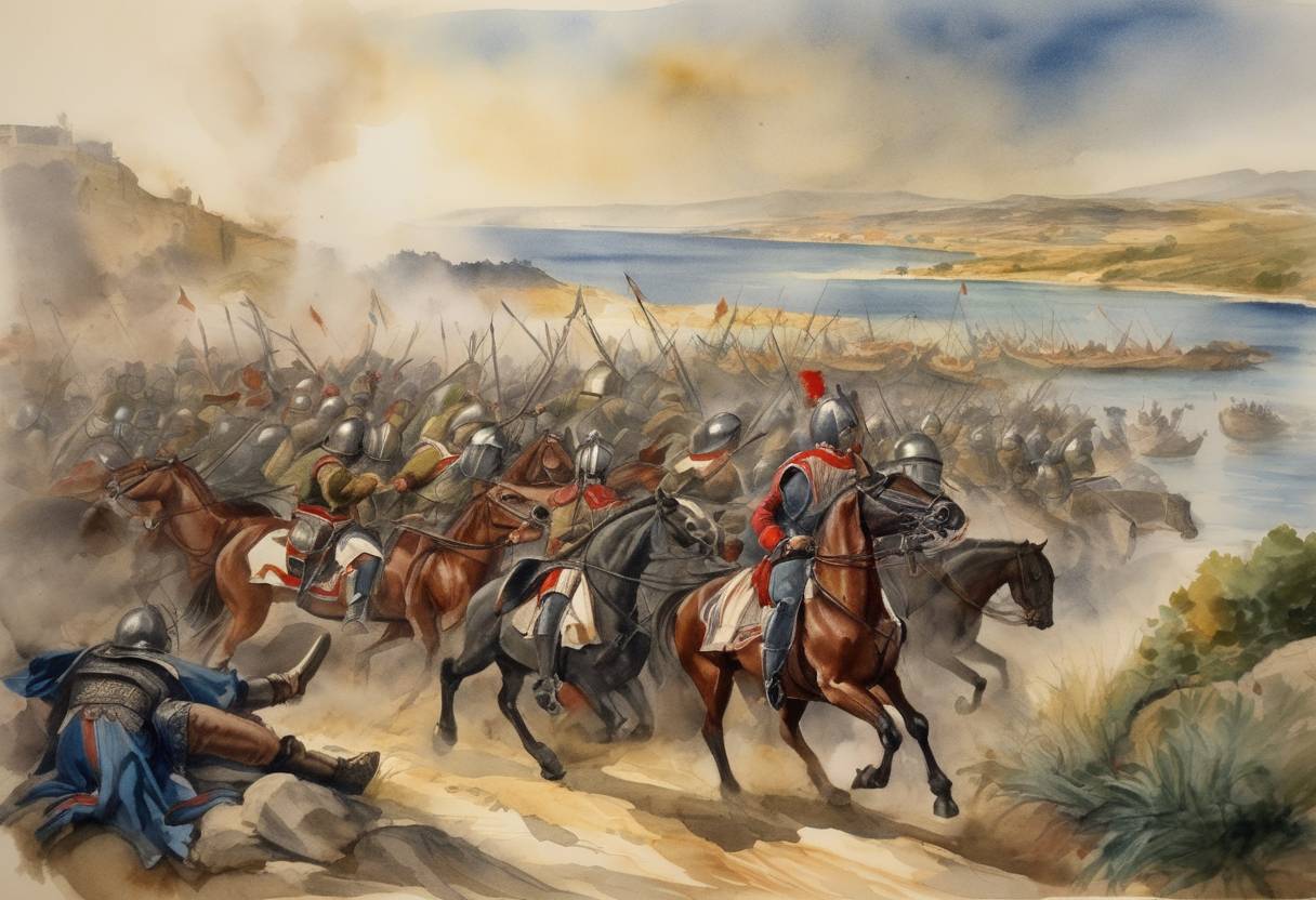 Watercolor painting based depiction of At the Battle of Rio Salado, English and Portuguese forces defeat the Marinid Muslim army in Iberia, effectively ending the last Muslim attempt to conquer the Iberian Peninsula. (1340)