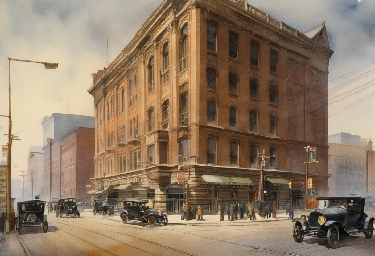 Watercolor painting based depiction of The first highway and road traffic control center opened in Cleveland, Ohio. (1913)
