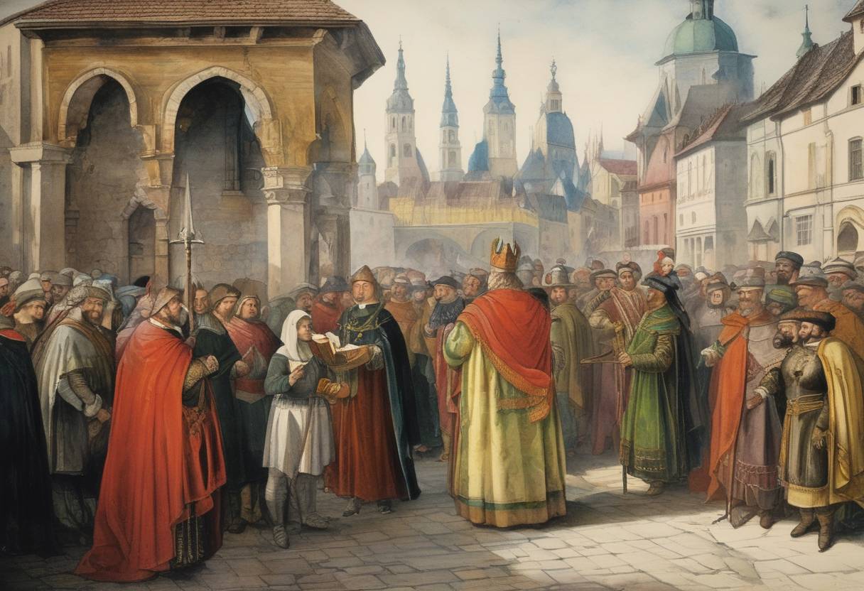 Watercolor painting based depiction of The treaty of St. Andrea is signed between the Kingdom of Hungary and the Habsburg dynasty, where the Habsburgs gain custody over the counties of Sopron and Vas in the name of an alliance. (1488)