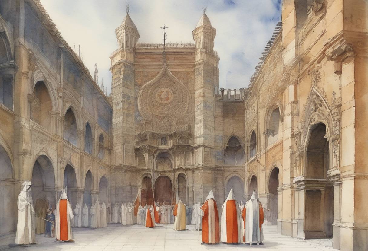 Watercolor painting based depiction of The Spanish Inquisition was established by the Catholic Monarchs Ferdinand II of Aragon and Isabella I of Castile. (1483)