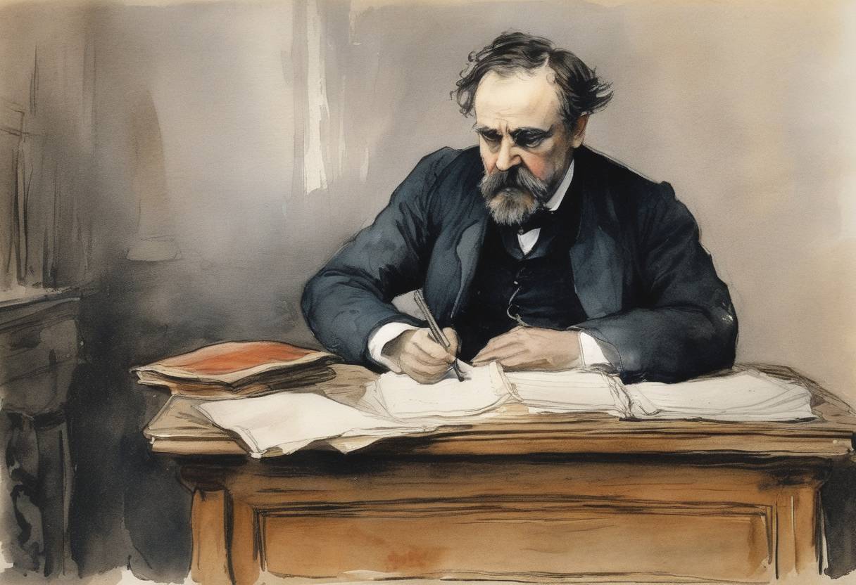 Watercolor painting based depiction of Émile Zola's open letter 'J'accuse' was published in the newspaper L'Aurore in France. It accused the French government of anti-Semitism and the unlawful jailing of Alfred Dreyfus, a Jewish officer wrongly convicted of treason. (1898)