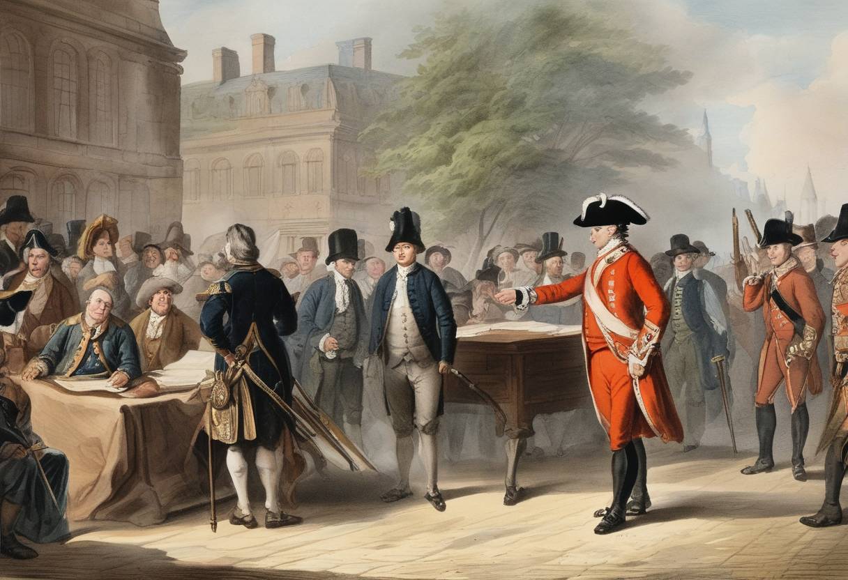 Watercolor painting based depiction of The British Parliament passes the Act that provides for parts of the Quebec Act, expanding Canada's territory and restoring French civil law while maintaining British criminal law. (1758)