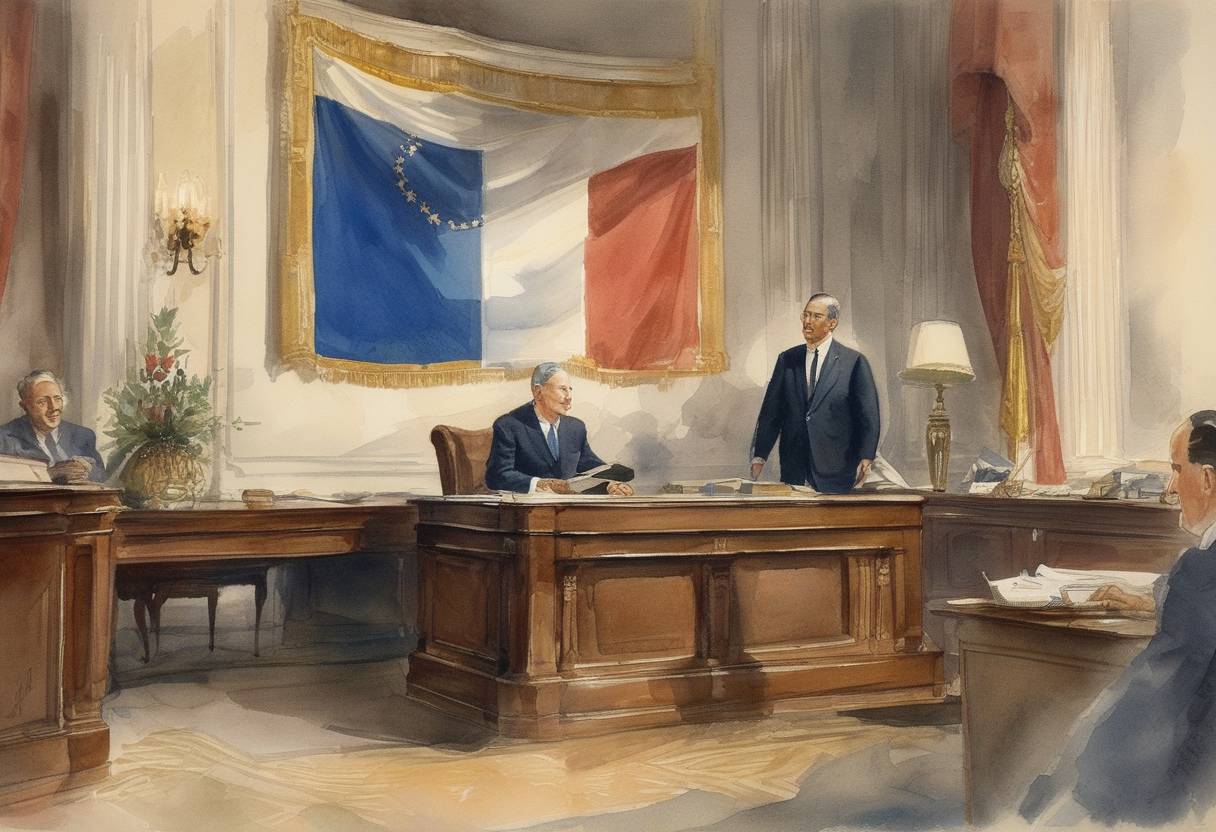 Watercolor painting based depiction of The United States formally recognizes the newly-established state of Israel, following its declaration of independence the previous year. (1949)