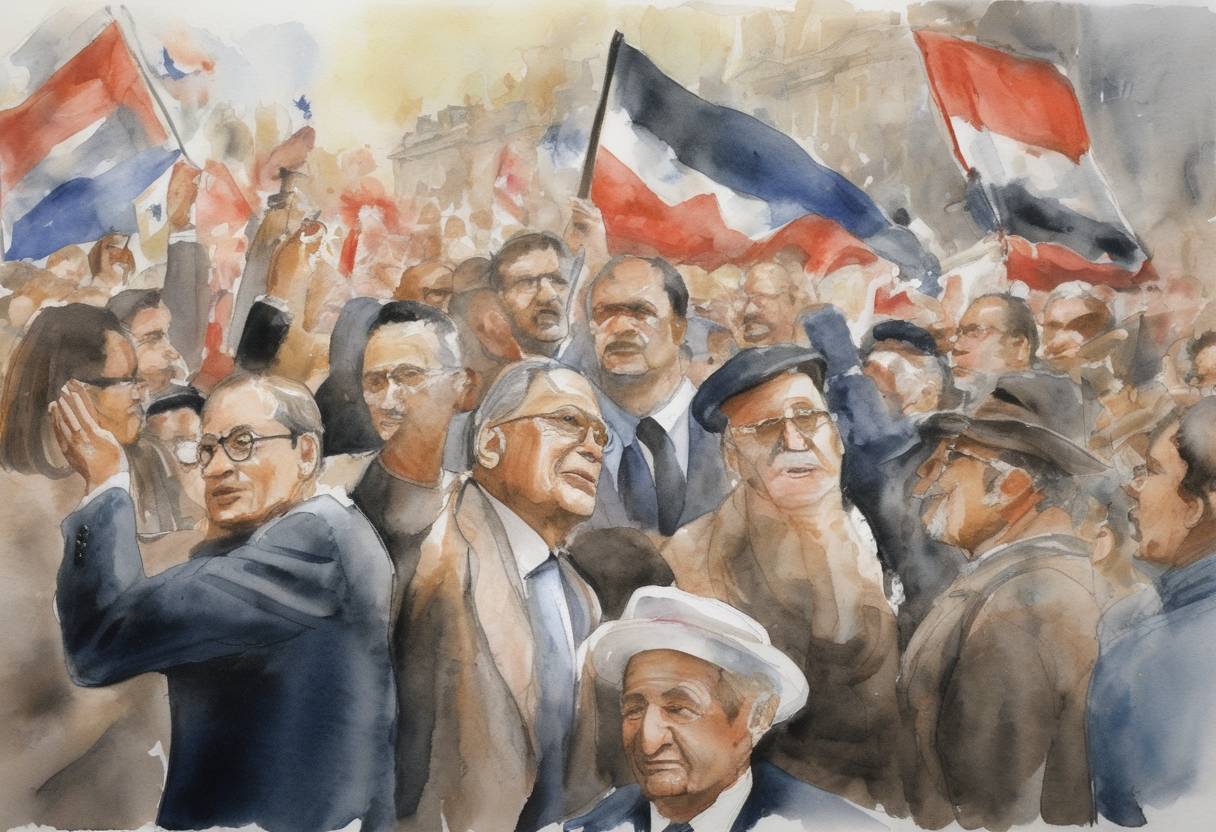 Watercolor painting based depiction of French political commentators and intellectuals warn of a wave of anti-Semitism in France, drawing international concern. President Jacques Chirac announced measures to combat this rising intolerance. (2003)