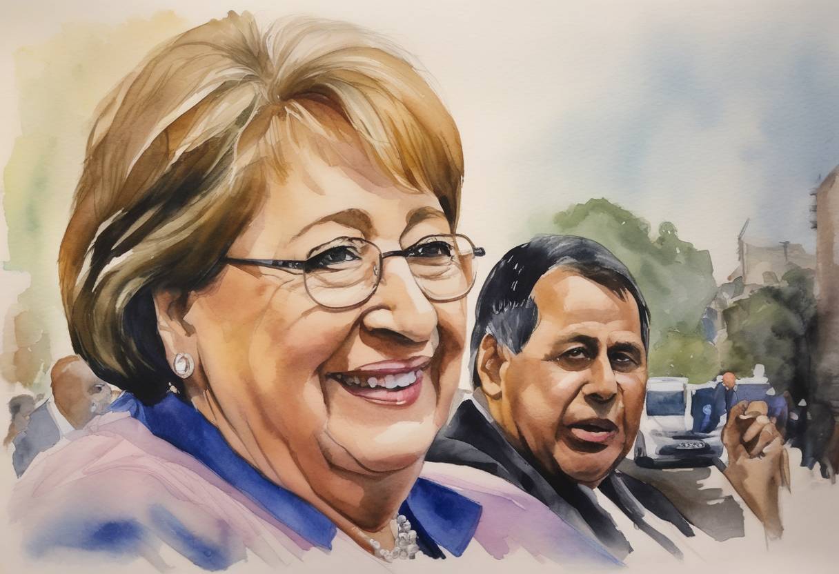 Watercolor painting based depiction of President Michelle Bachelet of Chile won the second round of the presidential election, returning to office for a non-consecutive term. (2014)