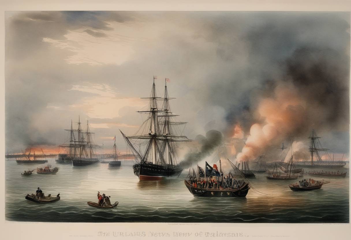 Watercolor painting based depiction of The Capture of New Orleans occurred during the American Civil War when Union forces, under the command of Flag Officer David Farragut, successfully took control of New Orleans, marking a significant turning point in the war. (1862)