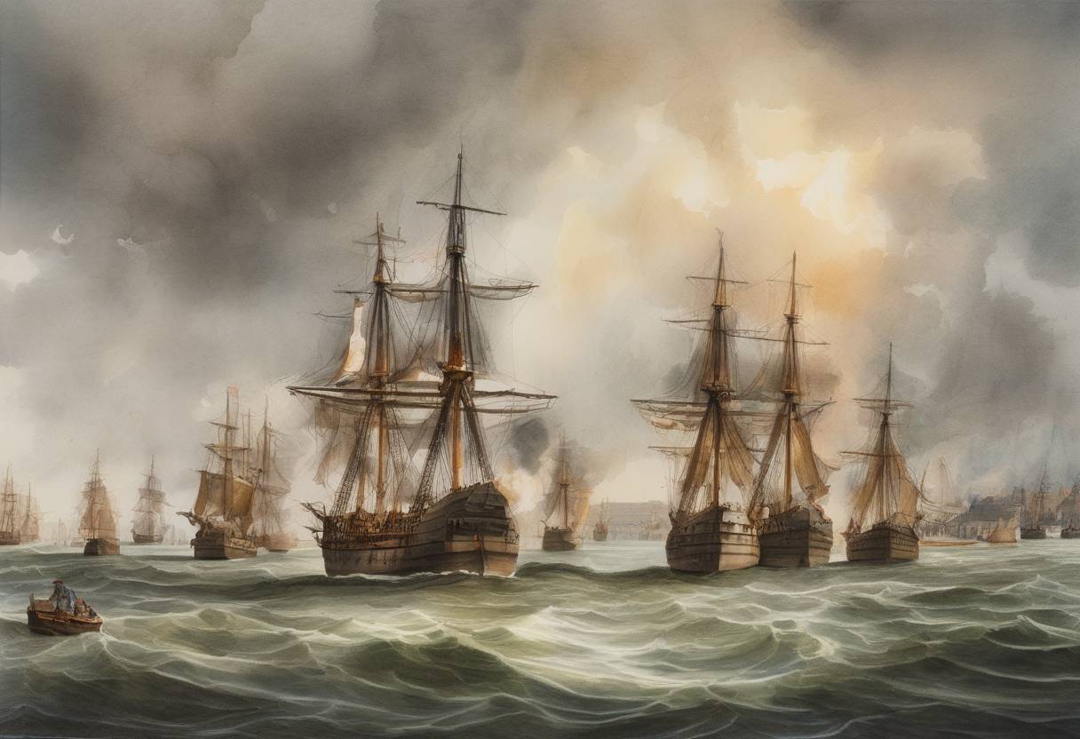Watercolor painting based depiction of The Raid on the Medway began during the Second Anglo-Dutch War, where the Dutch fleet launched a successful attack on the English fleet anchored in the River Medway, leading to a significant English naval defeat. (1667)