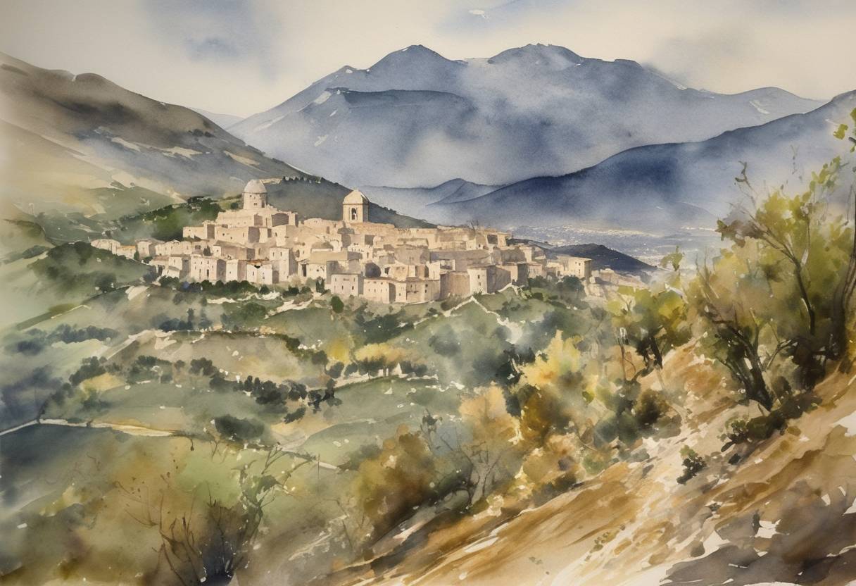 Watercolor painting based depiction of The Battle of Monte Cassino, one of the most crucial engagements in the Italian Campaign during World War II, concluded with the capture of Monte Cassino and the town of Cassino by the Allies. (1944)
